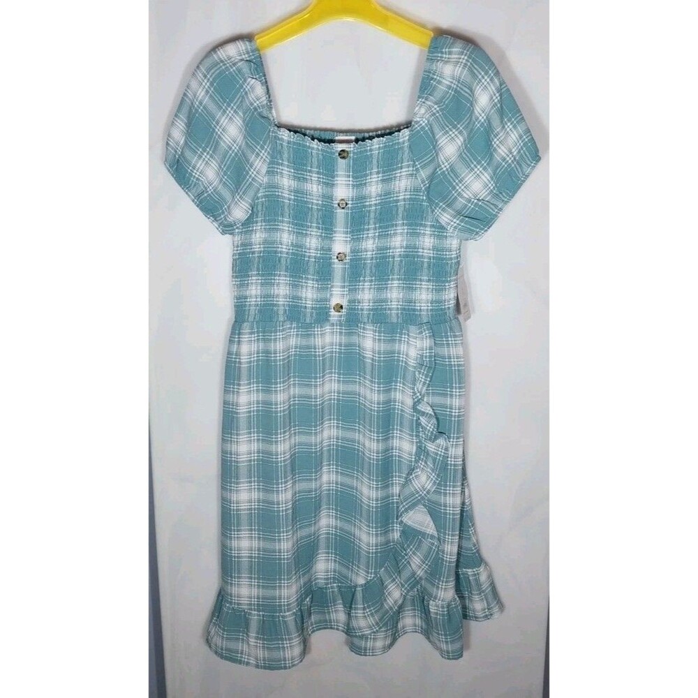 Wonder Nation Girls Plaid Dress XXL 18 Teal Smocked Square Neck Ruffle Hem NWT